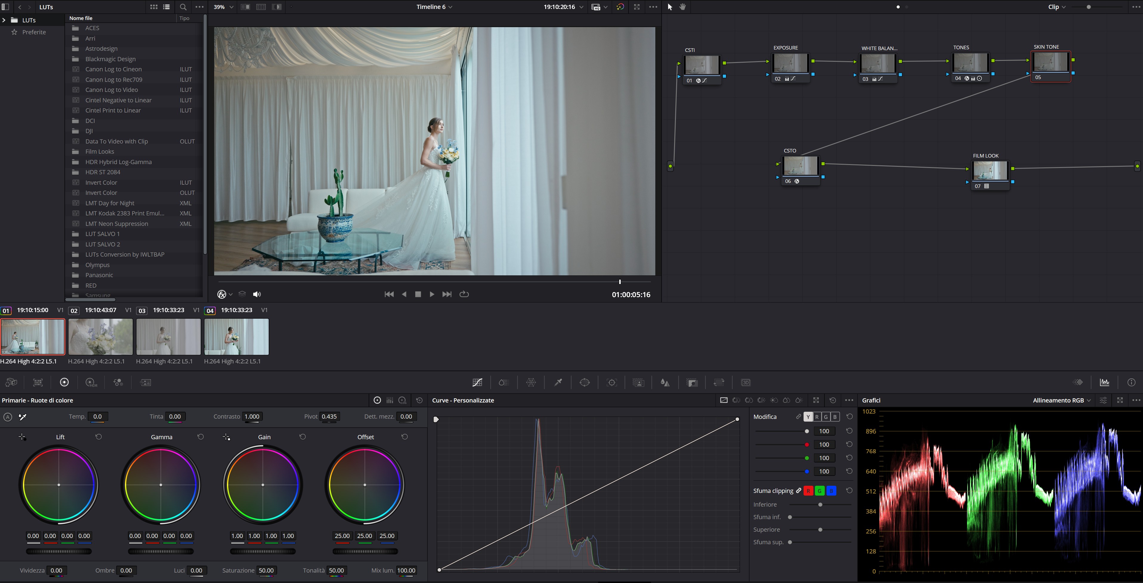 A colour grade in DaVinci Resolve, with the node tree of a Cuji Art film